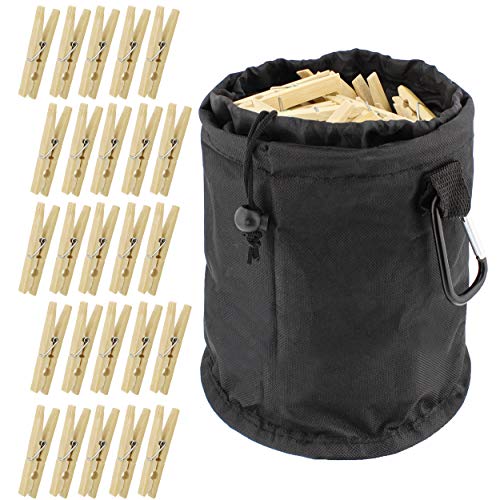 7Penn Wooden Clothespins with Bag - 50 Pack Set with Clothespin Bag for Clothesline Outdoor Clothes Pegs Wood Pin Holder