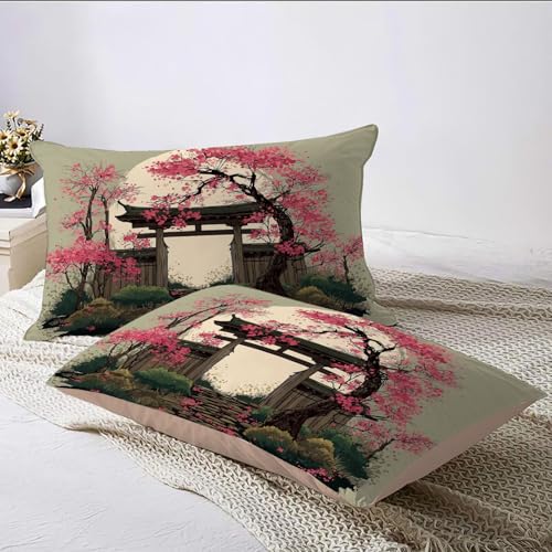 Parure de couette japonais architecture ensemble de lit gris vert