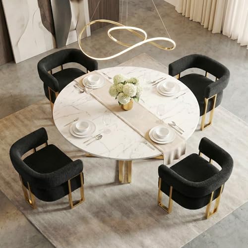 Image of Boucle Dining Chairs Set 4, Black Upholstered Accent Armchairs, Gold Legs