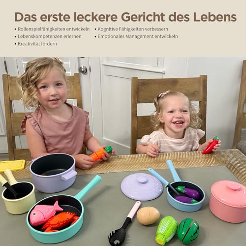 Foto von GILOBABY Kinderküche Zubehör, Spielküche Zubehör, Küchenzubehör Kinder Spielzeug Lebensmittel mit Topfset und Kochgeschirr, Lernspiele Kinderspielzeug Geschenk für Mädchen Geburtstag ab 3 Jahre (Rosa)