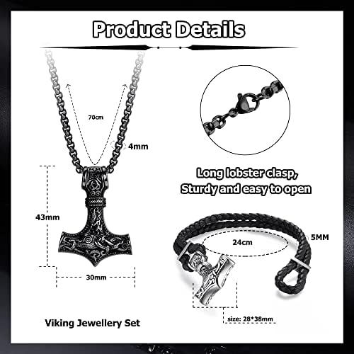 MILACOLATO Thors Hammer Necklace Viking Bracelet for Men Black/Silver Mjölnir Pendant Stainless Steel Thors Hammer Chain with Leather Thors Hammer Bracelet Set Viking Jewellery for Men