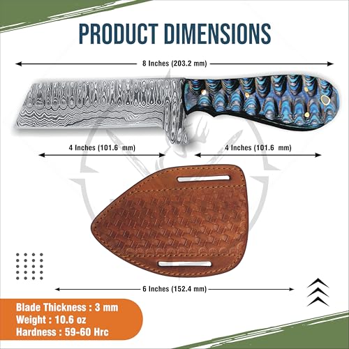 Handmade 8" Damascus Steel Bull Cutter with Full Tang Design, Wooden Handle, and Belt Sheath — EDC Fixed Blade for Camping & Skinning