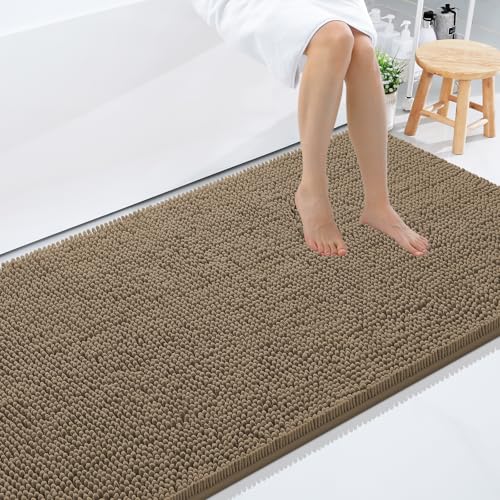 Smiry Luxury Chenille Bathroom Rugs 59x35, Extra Soft and Absorbent Shaggy Bath Mat, Machine Washable, Non-Slip Plush Carpet Runner for Tub, Shower, and Floor, Home Decor Accessories, Camel