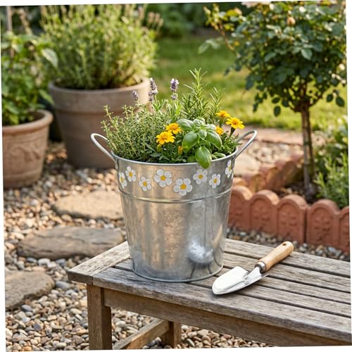 Cubo de flores galvanizado redondo y macetero de metal para plantas de exterior 4