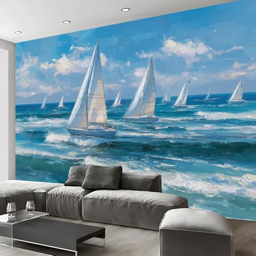 Papier peint panoramique vagues poster geant mural turquoise 3D - 6