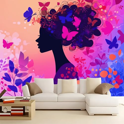 Púrpura Papel pintado panorámico no tejido 300 x 210 cm Tamaño personalizado, póster mural gigante 3D, Belleza Flores Mariposas Mujeres para sala de estar dormitorio o restaurante