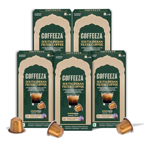 Image of Coffeeza South Indian Filter Coffee Capsules | 80% Coffee 20% Chicory Blend | Intensity 8 | Medium-Dark Roast | Caramel, Chocolate & Earthy Notes | Original Line Compatible Pods (Box of 50 Capsules)