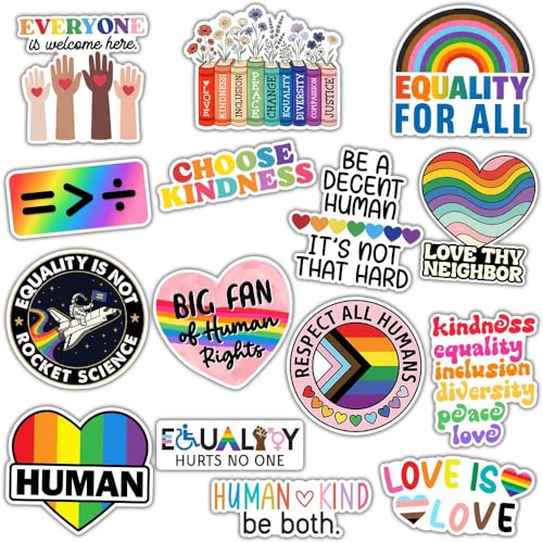 Image of MAIANEY Equality Sticker Pack - 15pcs 3in Human Rights Inclusion Diversity Positive Message Stickers, LGBTQ Equality Decals for Laptop Water Bottle Phone Journal Skateboard