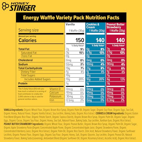 Image of Honey Stinger Organic Energy Waffle Fan Favorites Variety Pack of 18, Vanilla, Cookies and Cream, 6 Pack Each of Peanut Butter Strawberry, Nutritious Stroopwafel Snack for Exercise, Cycling, Running