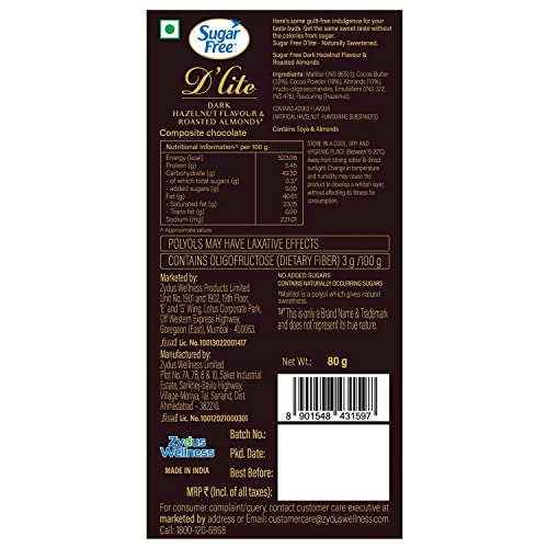 Image of Sugar Free D'lite Hazelnut & Almonds Dark Chocolate Bar, 80 Grams (Pack of 6)