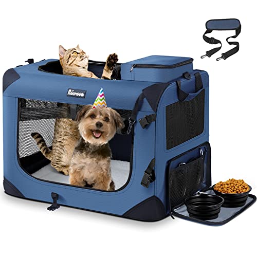 Reerooh Large Cat Carrier 24\"x17\"x17\", Soft Sided Pet Carrier with 2 Bowls, 2 Pockets, 4 Breathable Meshes, Collapsible Travel Pet Carrier Bag for Cats Dogs Puppies Kittens (Navy)