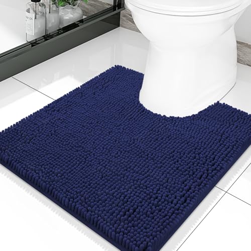Smiry Luxury Chenille Toilet Rugs U-Shaped 20''x20'', Soft Absorbent Non-Slip Contoured Rugs, Machine Washable Contour Bath Mats for Bathroom Toilet, Navy Blue