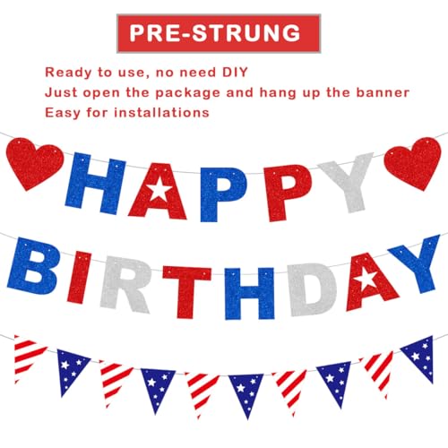 Image of 4th of July Happy Birthday Banner, Patriotic Birthday Party Decorations Pre-Assembly NO DIY Cake Banner Decorations Red Blue White Glitter Paper Letter Star Triangle Flag Garland