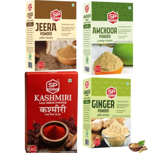 Image of SP Spices Kashmiri Mirch, Chaat Masala, Amchur, Ginger Powder & Kasoori Methi Combo Pack | Premium Indian Spices | Perfect for Cooking, Snacks, Chaat, Curries, vegetables & Marinades