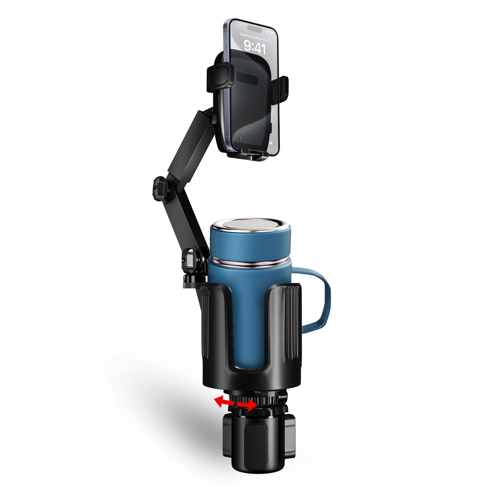 Upgraded 2-in-1 Sliding Cup Holder Phone Mount for Car with Adjustable Base – 360° Rotation, Long Arm & Expandable Holder for All Phones and Water