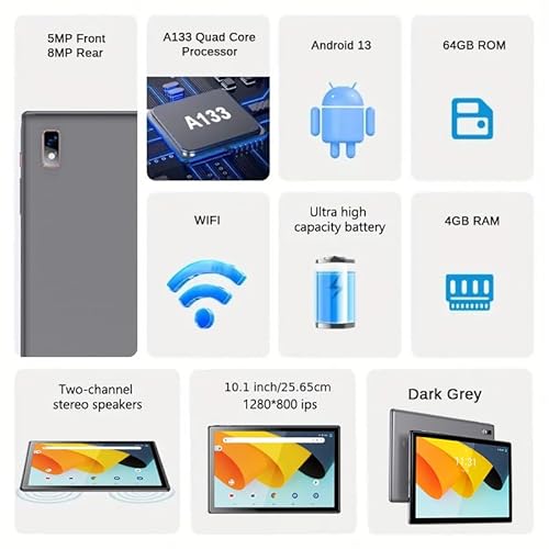 BYYBUO Android 14 Tablet,10.1 inch Tablet with Case, 64GB ROM Quad-Core Processor 5000mAh Battery, 1280x800 IPS FHD Touchscreen 5MP+8MP Camera, Bluetooth, WiFi, SmartPad Gray - Image 3