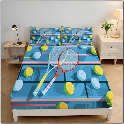 Sábana Bajera Ajustable 105x200 Infantil Tenis 3D Sabanas, Raqueta de Tenis de Microfibra Suave y Cómoda Funda de Colchón Sábana con Elástico y Bolsillo Profundo 30 cm, Sabanas Cama 105, T892