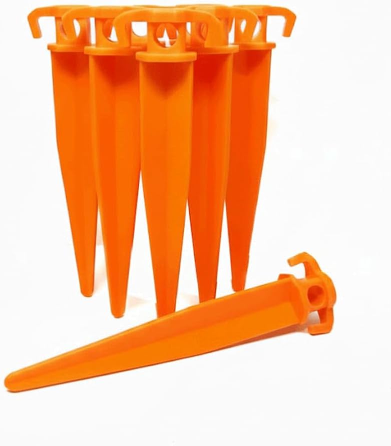 Pack of 6 – 11" Bright Orange Plastic Tent Pegs, Heavy-Duty Ground Stakes for Camping, Gardening, Landscaping & Holiday Light Decorations