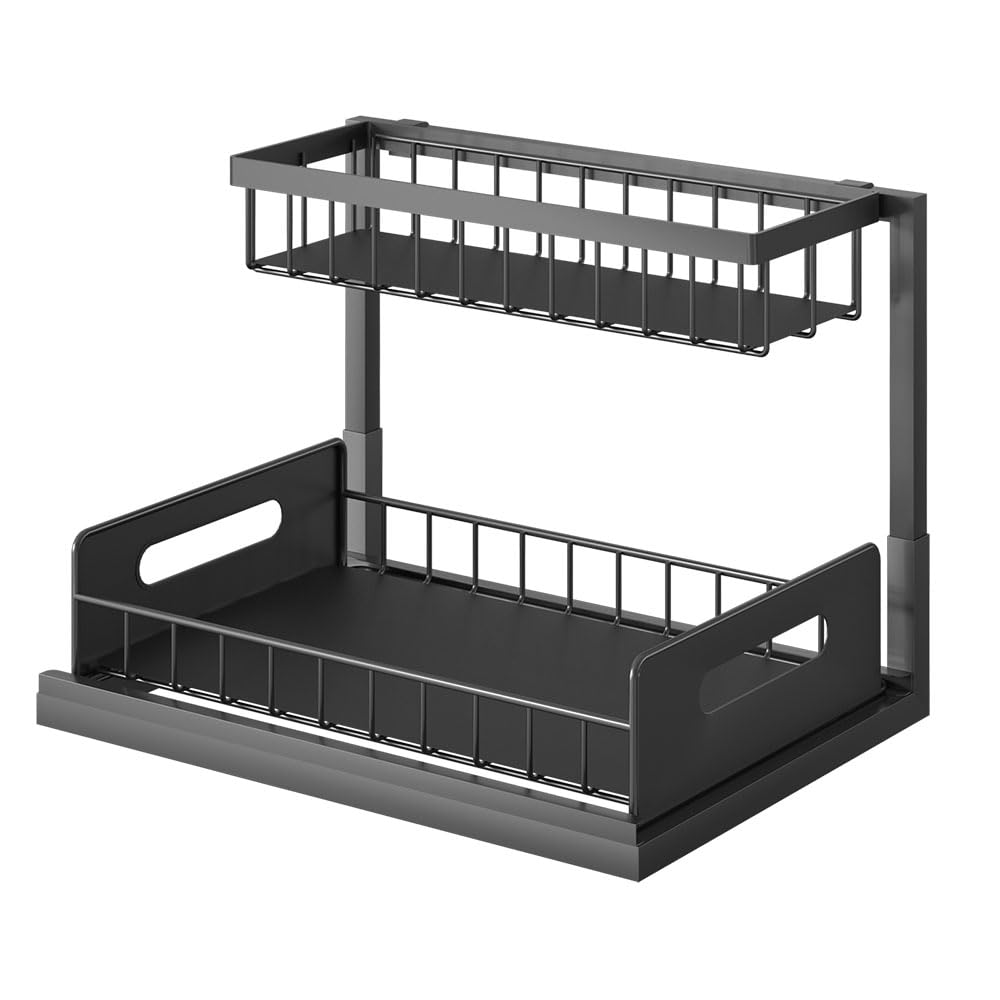 UBRAVOO Organizadores y almacenamiento debajo del fregadero, organizador de gabinete deslizante en forma de L de 2 niveles para espacios estrechos, organizador de fregadero multiusos para baño, cocina