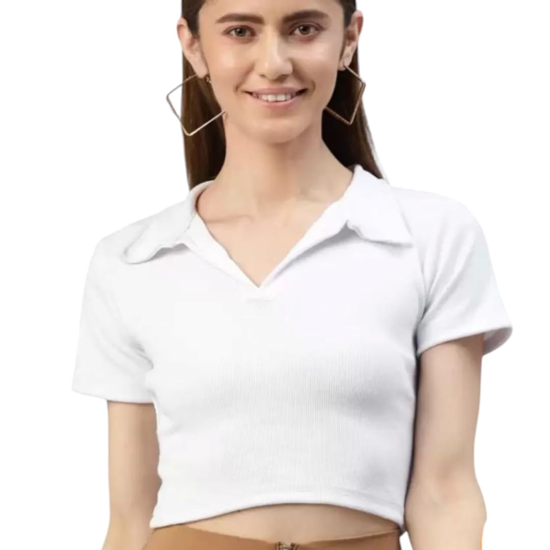 frozen fly unique, as you Short Sleeve Polo Crop Top, White, Collared V-Neck Style-picture-38