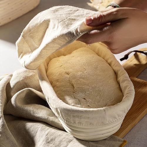 Image of Dimpola Banneton Bread Proofing Basket Banneton Basket Set Sourdough Proofing Basket Round Proofing Bowls Handmade Rattan Baskets and Liners (Oval & Round Baking Set)