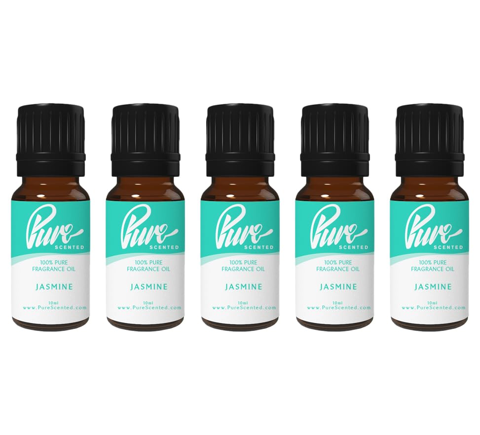 Pure Scented 50ml Fragrance Oils - 5 x 10ml Suitable for Candles, Soaps, Slime, Diffusers, Cosmetics, Wax Melts, Designer (5 x 10ml, Jasmine)