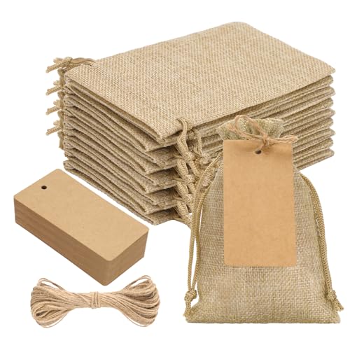 joycraft 24Pcs Burlap Gift Bags - 4x6In Drawstring Linen Pouches with Tags Small Burlap Favor Bags for Jewelry Candy Chocolate DIY craft