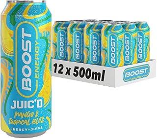 Boost Juic'd Energy Drink Mango & Tropical Blitz, 500ml x 12 pack, Vegan Friendly Great Tasting Energy Boost, Low Calorie Taurine Carbonated Drink with Added B Vitamins, Real Fruit Juice & Caffeine