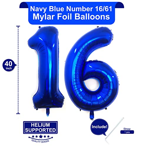 Image of 40 Inch Navy Blue 16 Number Balloons Giant Jumbo Huge 16 or 61 Foil Mylar Helium Number Digital Balloons Dark Blue Birthday Mylar Digital Balloons 16th Birthday Anniversary Events Party Decorations