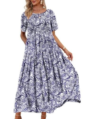 YESNO Damen Kleider Freizeit Lose Sommerkleid Lang Boho Maxikleid für Rundhals Strandkleid Blumenkleid L EJFDE Floral 14...