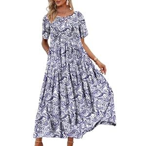 YESNO Women Dresses Casual Plus Size Bohemian Short Sleeve Floral Long Maxi Summer Beach Swing Dress/Pockets EJFUK