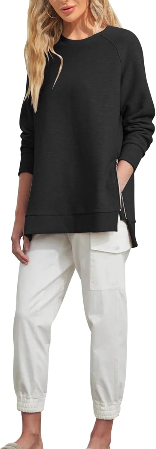 Fazortev Women's Oversized Sweatshirts Long Sleeve Crew Neck Ribbed Pullover Loose Side Zipper Tunic Tops - Image 3