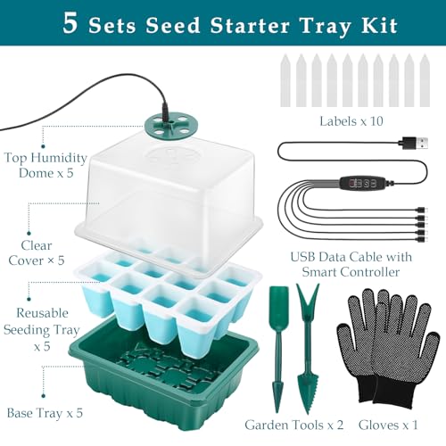Image of Seed Starter Tray with Grow Light, 60 Flexible Cells 5 PCS Seed Starter Kit, Reusable Seedling Starter Trays with Humidity Dome & High Lid, Germination Trays for Indoor Greenhouse Seed Starter