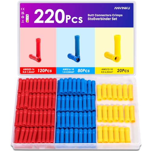 Butt Connector Crimps, ANVINKU 220PCS Straight Electrical Connectors, 0.5mm² - 6mm² Crimp Wire Connectors Assortment, Insulated Cable Connectors, Crimp Butt Splice Connectors (Blue, Red, Yellow)