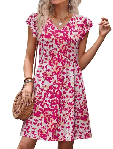 Image of OFEEFAN Summer Dresses for Women Beach Vacation Clothes V Neck Ruffle Sleeve Babydoll Dress Elegant Classy Sundress