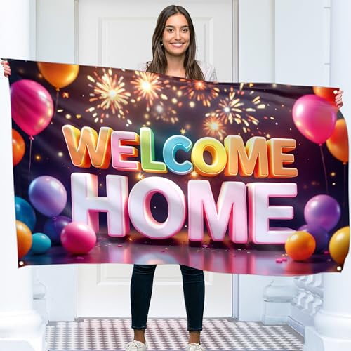 Cartel de bienvenida a casa – Cartel de bienvenida – Decoración de bienvenida para el hogar – 5 pies x 3 pies con imagen de globo de bienvenida a casa – Cartel de «We Missed You So Much» – Doble