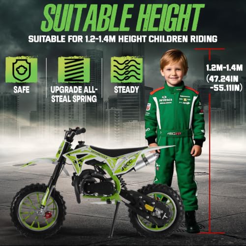 Image of 2026 New 50cc Dirt Bike for Kids 2-Stroke, Toddler Gas Powered Mini Bike with Front Rear Disc Brakes, Speeds up to 40KM /H, Gas Motorcycle for Children, Ideal Gifts for Boys Girls, Blue (Green L)