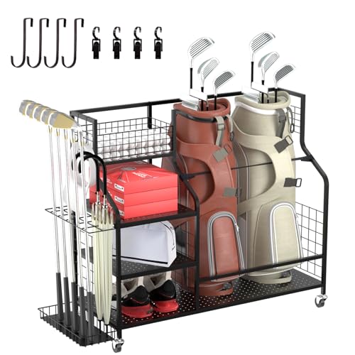 Lhysn Golf Bag Storage Golf Club Holder Golf Bag Storage Rack for Garage Extra Large Sports Equipment Organizer Stand Fits for 2 Golf Bags Outdoor Toy Storage (with Side Frame)