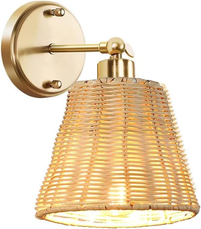 Rattan Woven Wall Lamp Rechargeable Vintage Style Bedside Lamp Adjustable Angle Bracket Decorative Wall Light for Bedroom, Hotel