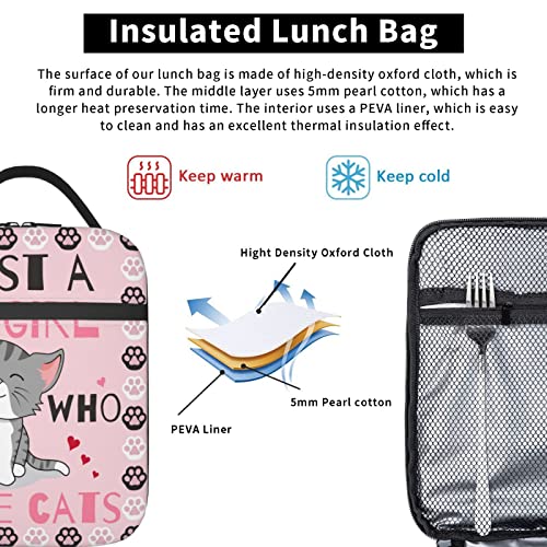 Kaeddi Cute Cat Lunch Bag Large Capacity Heat Insulated Lunch Box Leakproof Durable Portable Reusable Handbags Thermal Cooler Tote Bag, Just A Girl Who Loves Cats (One Size, White) #TOP4