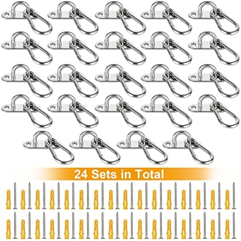 JMIATRY 12 Pcs M6 304 Stainless Steel Pad Eye Plate and 12 Pcs Carabiner Clips, Marine Hardware Staple Hook Loop with Screws and Plastic Plugs, Wall Anchor Ceiling Hook for Marine Hammock Rigging