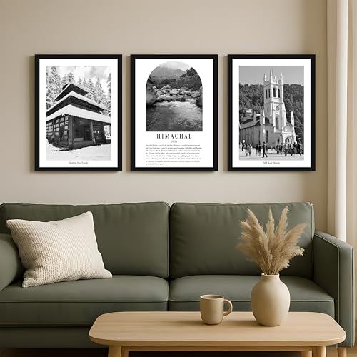 Image of PAINTINGMANTRA Wall Art for Home A3 Himachal Wall Art Prints Pack of 3 Framed Wall Decor Featuring Heritage Landmarks, Himalayan Scenery Photography Wall Art Living Room, Bedroom, Office (32x44 cm)