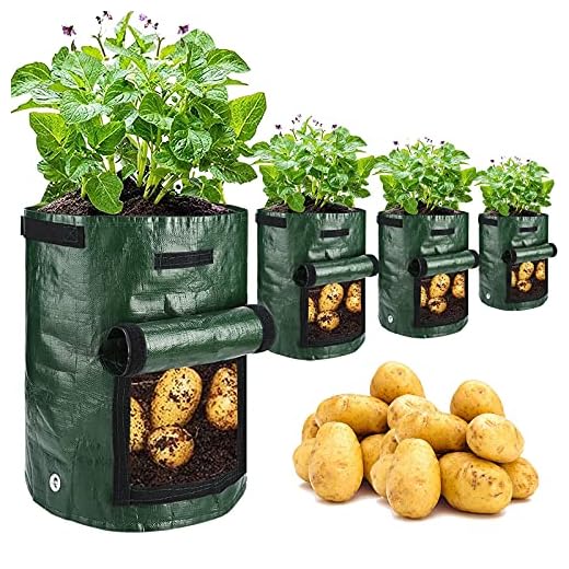 JJGoo Potato Grow Bags, 4 Pack 10 Gallon with Flap and Handles Planter Pots for Onion, Fruits, Tomato, Carrot - Green
