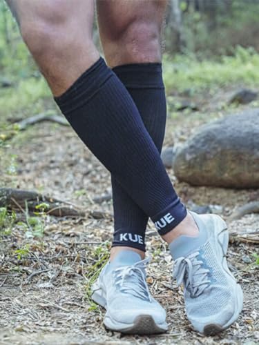 Image of KUE Compression calf sleeves for men and women | Running, Sports Activity | Improved Blood Circulation, Swelling, Calf Support in Muscle Fatigue & Recovery (Black- S /M)