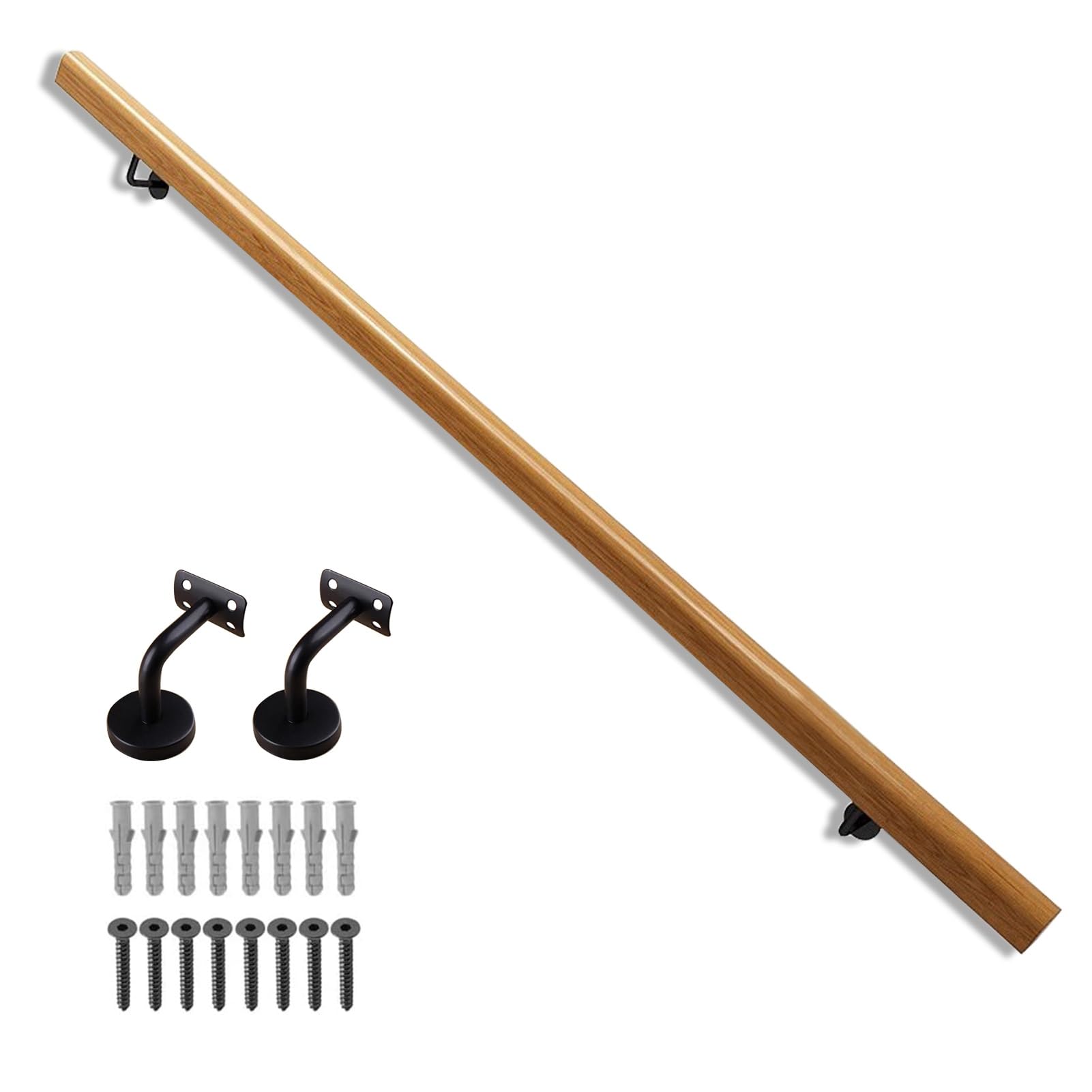 Main courante ronde en bois 180 cm pour rampe d'escalier intérieur et kit montage mural