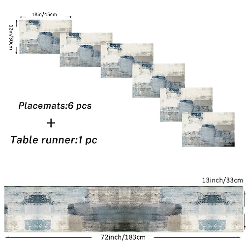 Emvency Farmhouse Table Runner And Placemats Set Of 6, Cotton-Linen Abstract Blue And Grey Painting Art Dining Table Decor For Daily Use(1 Table Runner 72Inches Long And 6 Placemats) #TOP1