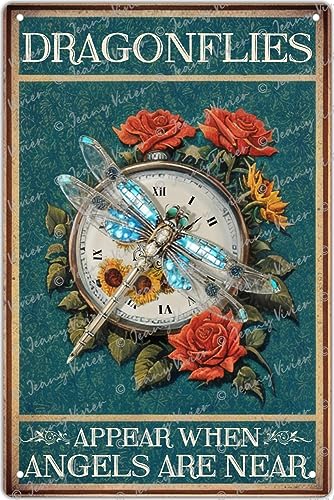 Zomyto Floral Wall Hanging Sign, Dragonflies Appear When Angels are Near Vintage Tin Sign, Dragonfly...