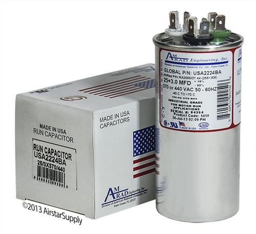 Amana CAP030250440RS Replacement - 25 + 3 uf / Mfd 370 / 440 VAC AmRad Round Dual Universal Capacitor , Made in the U.S.A.