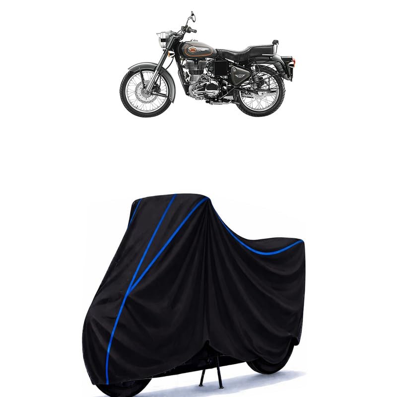 Image of Bullet Trials 500 STD Bike Cover Water Resistant Universal Motorcycle Rain | Heavy Duty UV Protection, Dust, Scratch Indoor Outdoor All Weather with Black Blue Piping Elastic