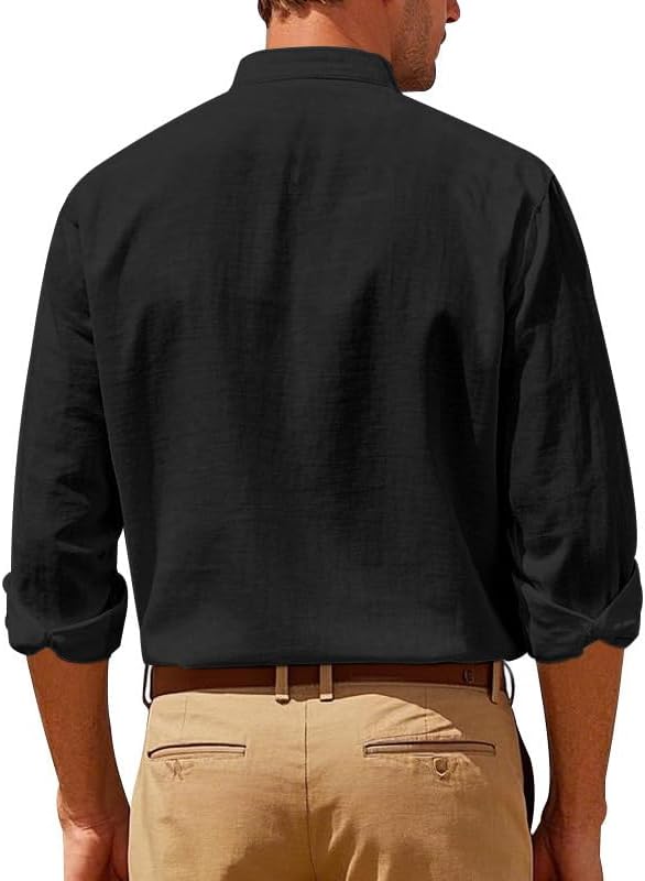 Men's Linen Blend Shirt - Long Sleeve Solid Color Button Down Henley Casual Shirt for Vacation Business - Image 3